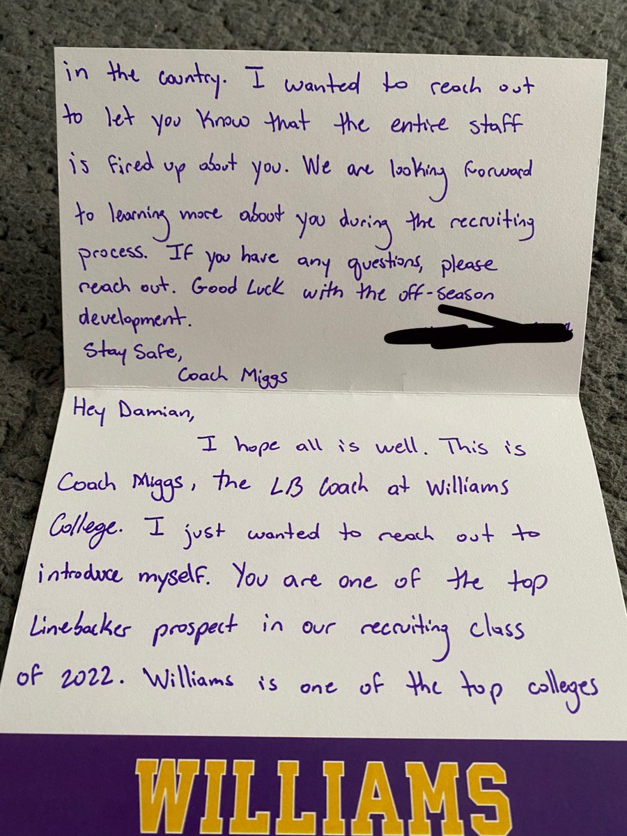 DamianCarrano's tweet photo. Thank you @coach_miggs for reaching out. I truly appreciate your letter, it means a lot to me! Looking forward to learning all about Williams and @EphsFB! @coach_spinnato https://t.co/DTJkBetHAj