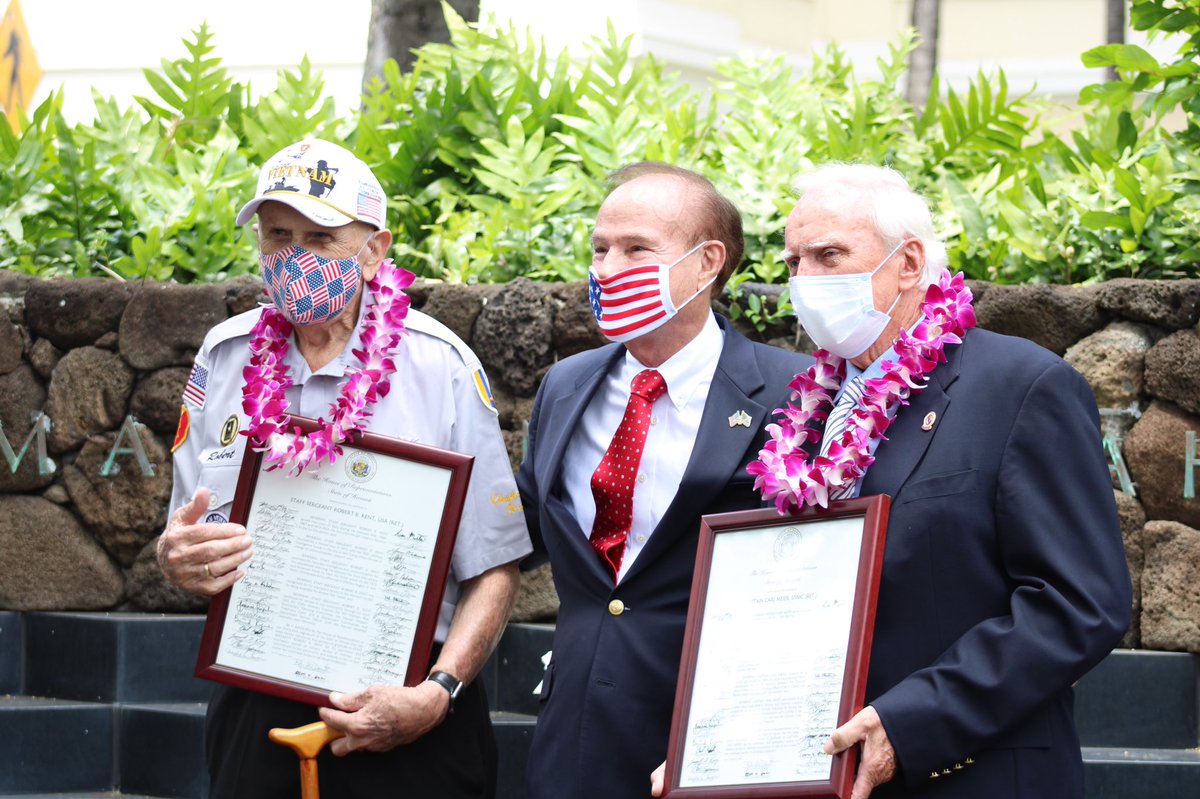 repward's tweet image. National Vietnam Veterans Day: Home of the free because of the brave. I was honored to help recognize Staff Sergeant Robert Kent (USA, Ret.) and Captain Carl Meier (USMC, Ret.) for their sacrifice and service for this great nation. Mahalo to @repbobmcdermott for organizing.