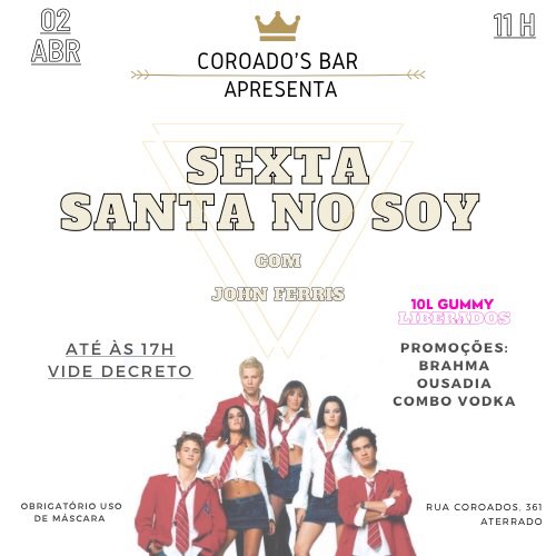 jottaferr's tweet photo. Vai ter role com música do RBD no Coroado’s Bar sim!!!

02/04, a partir das 11h 🙏🏻❤️ https://t.co/s1BkY6umPQ