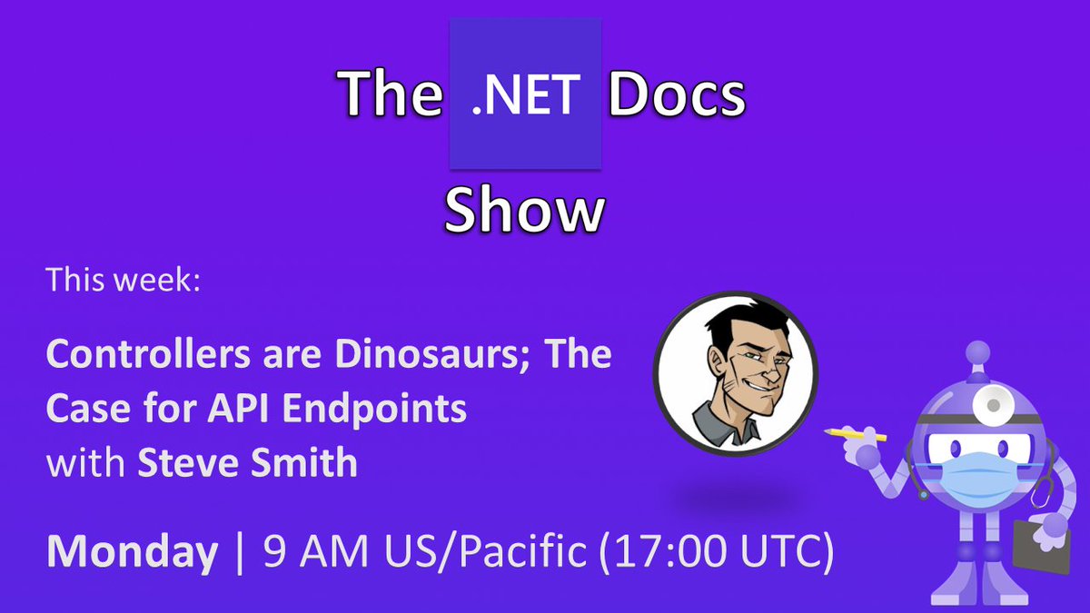 dotnet's tweet photo. Though controllers aren't going extinct, you can build web APIs without using them.

Join us for today's session of the #NETDocs Show, Controllers are Dinosaurs: The Case for API Endpoints and get your questions answered live. Tune in: https://t.co/V79nQaoK9s https://t.co/xc0SPumtGS