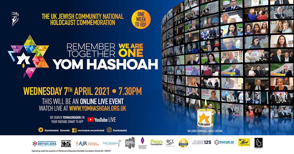 Join us next Wednesday at 7.30pm as the UK #Jewish community unites online from the north, south, east and west to show our survivors and refugees, that despite the challenging times in which we live, no matter the circumstance, we will always remember on #YomHaShoah.