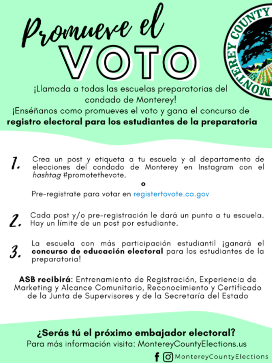 🤳🏽Calling all Monterey County High Schools!
Show us how you #promotethevote & win this year's High School Voter Registration Competition! @MontereyVote @MCOE_Now @alisalhighasb @salinashighasb @RanchoSchool @NorthSalinasHS @EaglesSOARR @SeasideHighASB @MarinaHighASB @Spartans_GHS