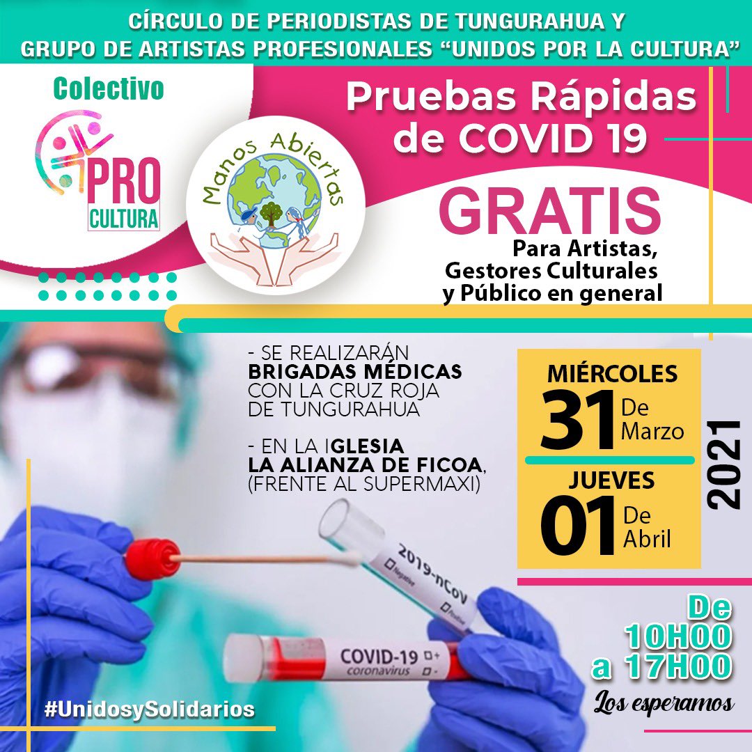 #CONVOCATORIA 📢
Se convoca gestores culturales, artistas y público en general el día miércoles 31 de marzo y el 01 de abril de 10H00 a 17H00, a realizarse pruebas rápidas de la COVID 19 totalmente gratis.
La concentración será en la Iglesia La Alianza de Ficoa.
#Ambato #Ecuador
