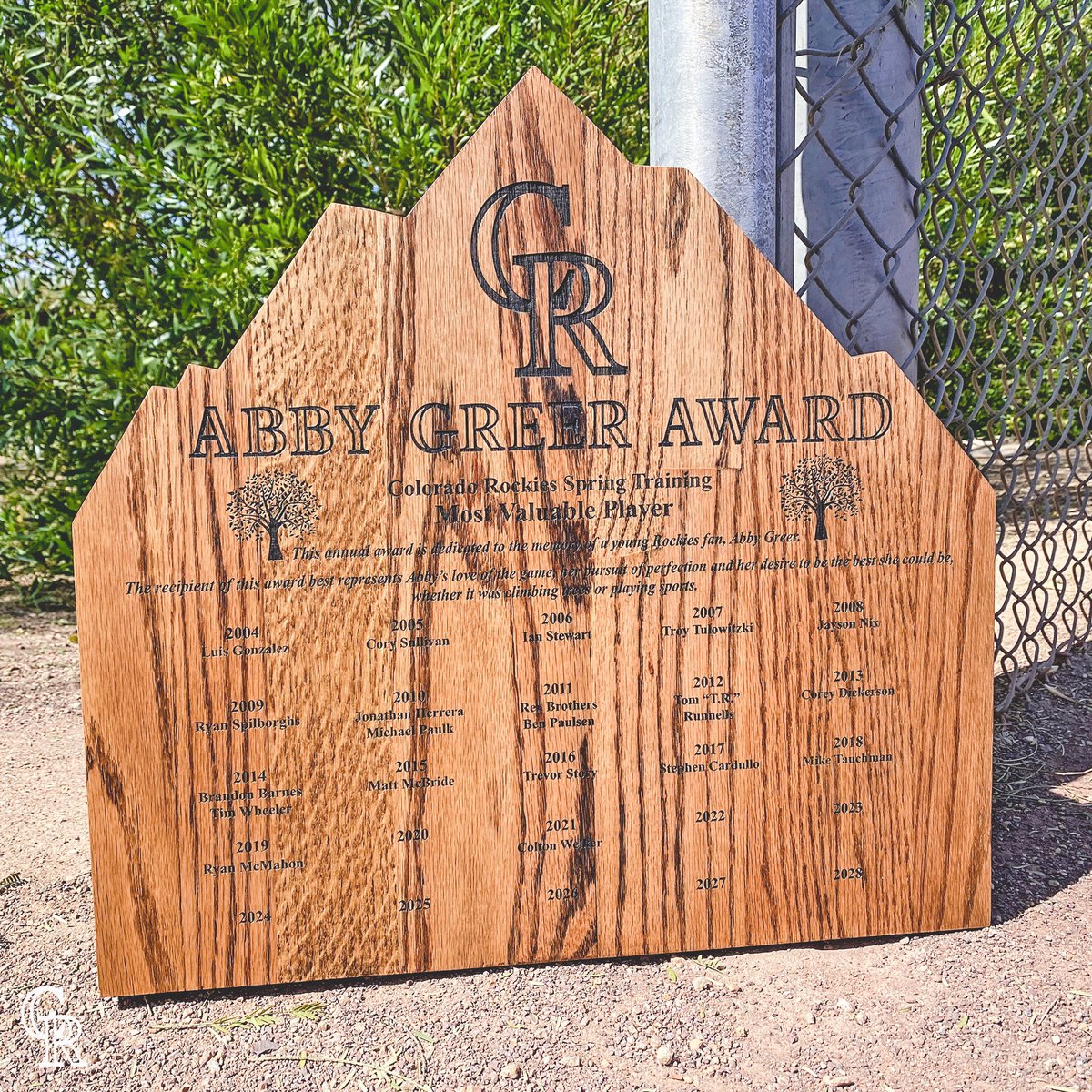 Rockies's tweet photo. The Colorado Rockies Abby Greer Award is presented annually to the #RoxSpring Most Valuable Player in honor and remembrance of Abby Greer, a young Rockies fan who lost her life in a tragic accident near Coors Field. https://t.co/000ic04CvD