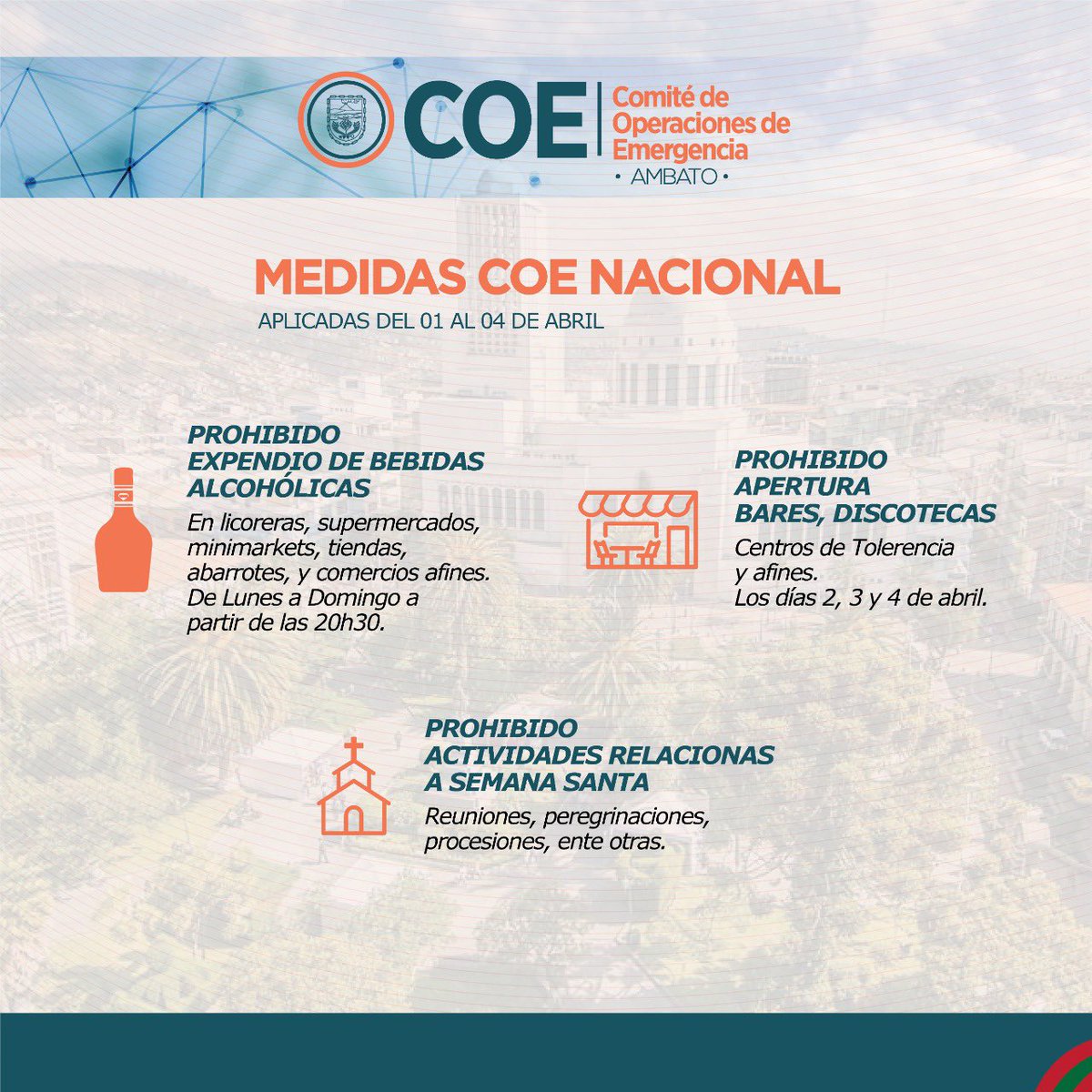 #NOTICIA 🚨
Una vez establecidas las restricciones en #Ambato, por parte del COE Cantonal, presidida por el alcalde, Dr. Javier Altamirano Sánchez, el COE Nacional aplicó medidas similares para contrarrestar el Covid-19 en el feriado de Semana Santa.
#CiudadJardínPlus
#Tungurahua
