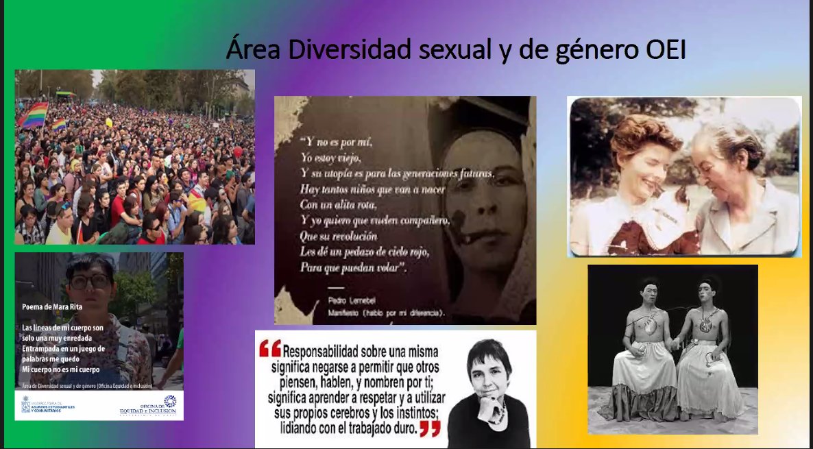 Bienvenida e Información a Estudiantes LGBTIQ+ 2021 <a href="/OficinaEquidad/">Oficina de Equidad e Inclusión - UCh</a> <a href="/MCurriao/">Maribel Mora Curriao</a>  <a href="/VaecUchile/">Vaec</a>  <a href="/PsdeDiversidad/">CERES Psicología y Diversidades</a> <a href="/uchile/">Universidad de Chile</a>