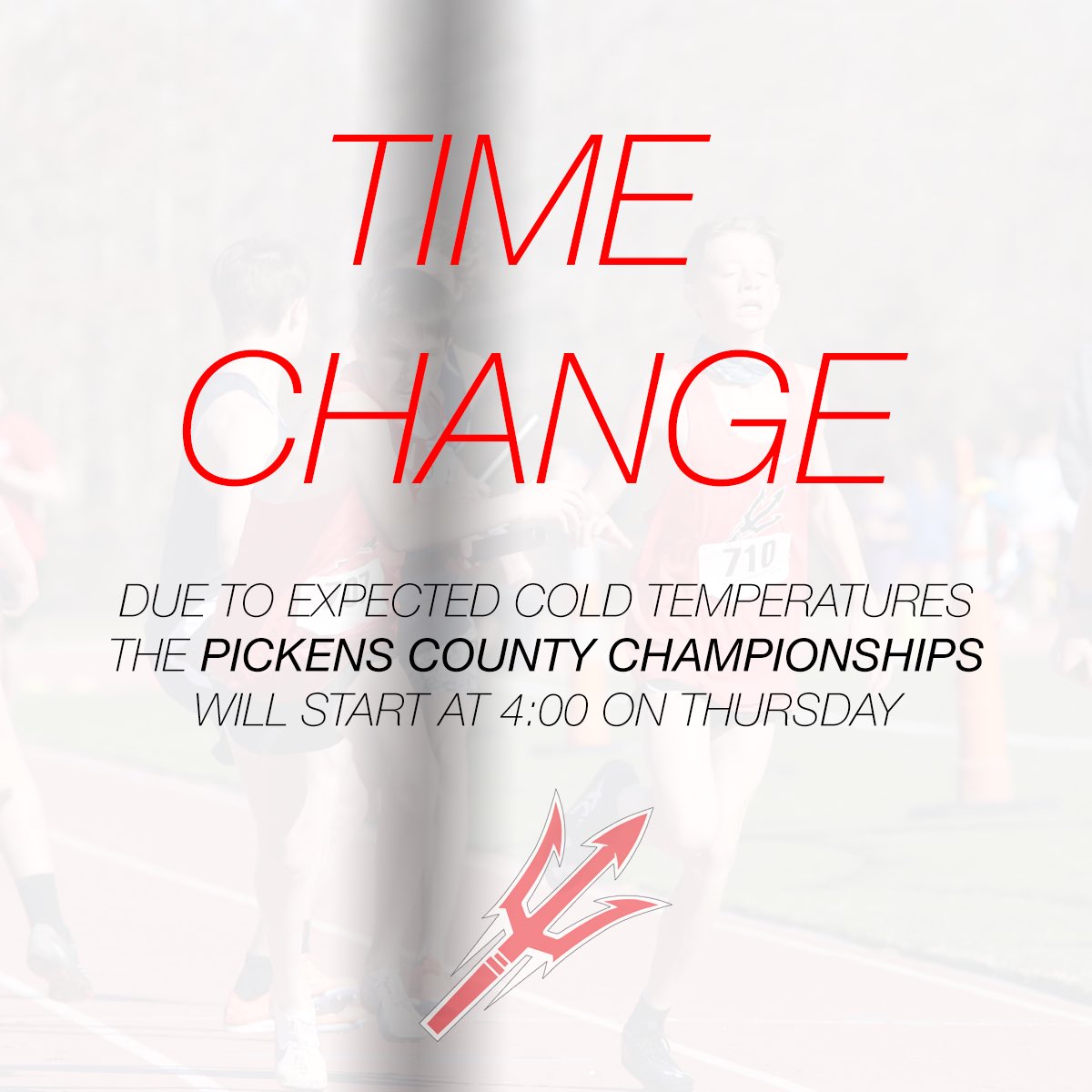 🚨Time Change Alert 🚨 Due to expected cold temperatures on Thursday night, the Pickens County Track Championships will start at 4:00pm on Thursday!