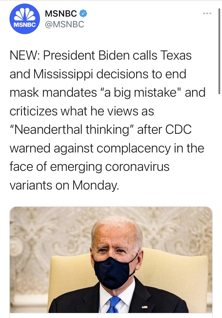 The only place to start this thread is with  @JoeBiden, whom you may remember referred to Texas’s opening up as “Neanderthal thinking.”Perhaps the White House would like to follow up about why?