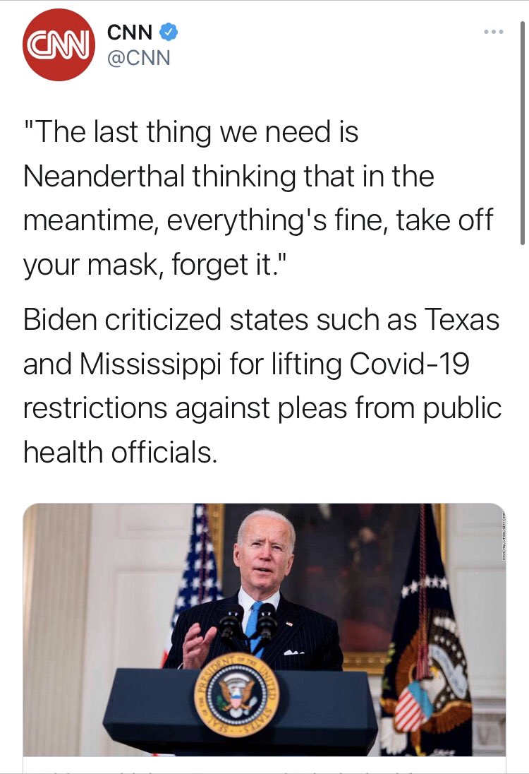The only place to start this thread is with  @JoeBiden, whom you may remember referred to Texas’s opening up as “Neanderthal thinking.”Perhaps the White House would like to follow up about why?