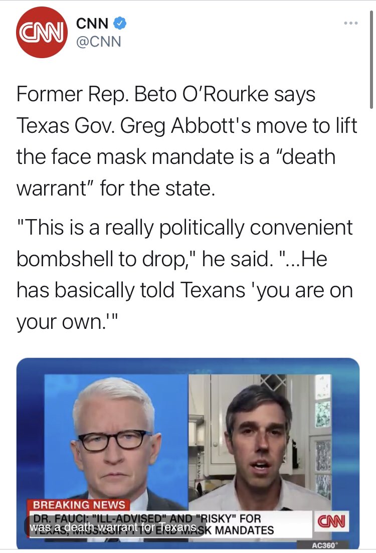 Perhaps the most ridiculously performative politician was (once again)  @BetoORourke, who called lifting the mask mandate a “death warrant” on every outlet who would have him on (including  @CNN and  @MSNBC)