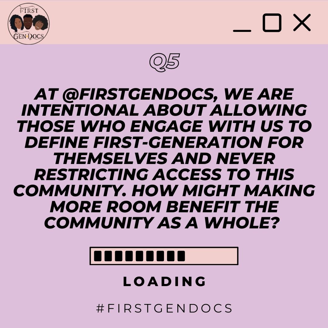 firstgendocs's tweet photo. Q5: At @firstgendocs, we are intentional about allowing those who engage with us to define "first-generation" for themselves & NEVER restricting access to this community. How might making more room benefit the community as a whole? #FirstGenDocs #MakeMoreRoom https://t.co/0pk2MLf2Q6