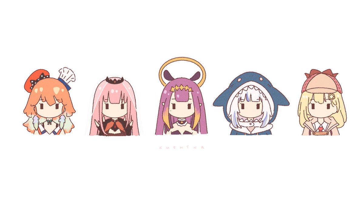 gawr gura ,mori calliope ,ninomae ina'nis ,takanashi kiara ,watson amelia holomyth multiple girls 5girls pink hair blonde hair hood tentacle hair  illustration images