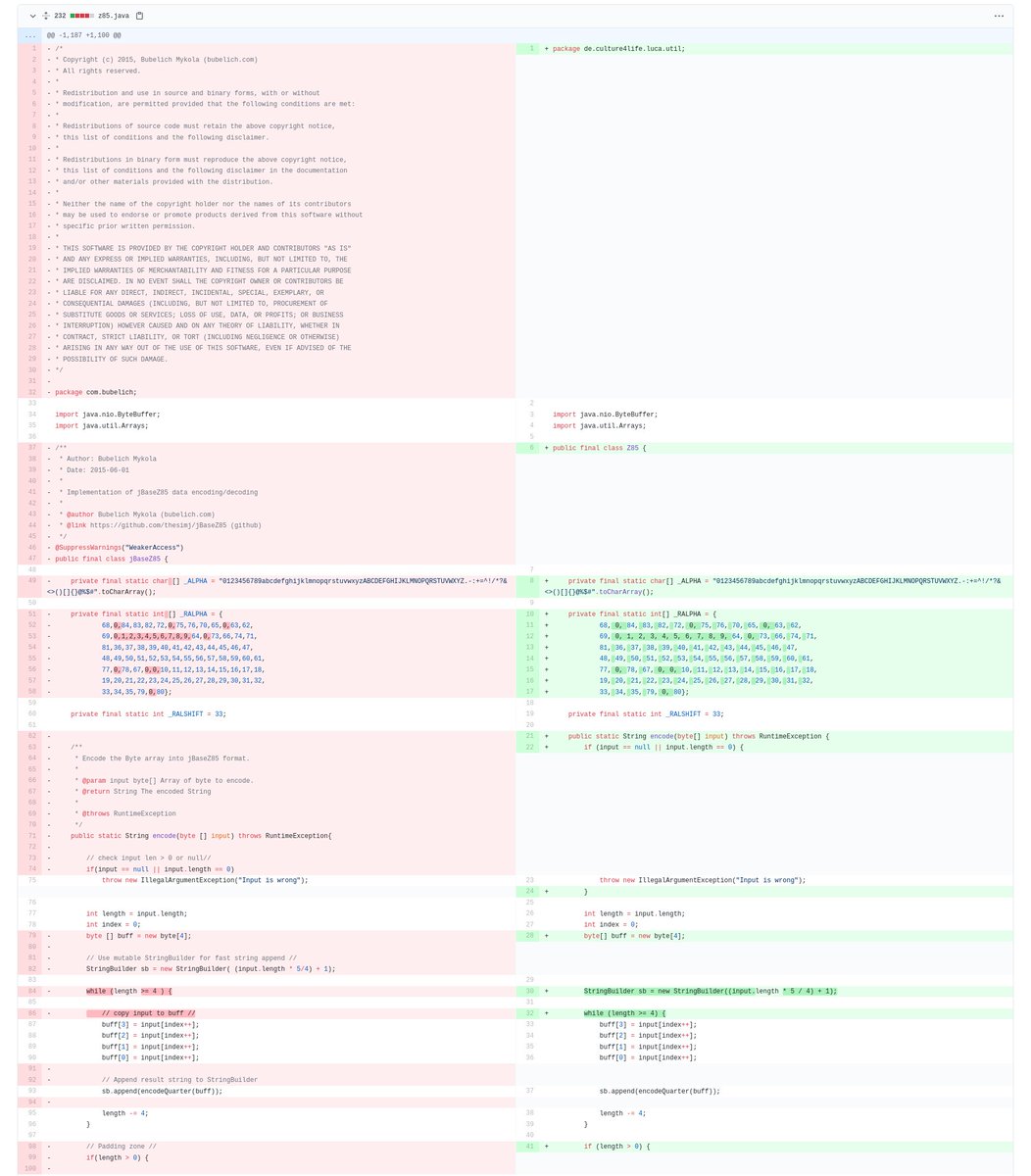 Aus den Drukos: Sie haben Open-Source-Code (BSD-Lizenz) einfach übernommen. Außer dem Entfernen von Lizenzhinweisen/Kommentaren und Whitespaceänderungen wurde nichts geändert. Damit wurde vmtl. gegen dessen Lizenz verstossen. https://github.com/thesimj/jBaseZ85/blob/master/src/main/java/com/bubelich/jBaseZ85.java vs.  https://gitlab.com/lucaapp/android/-/blob/master/Luca/app/src/main/java/de/culture4life/luca/util/Z85.java