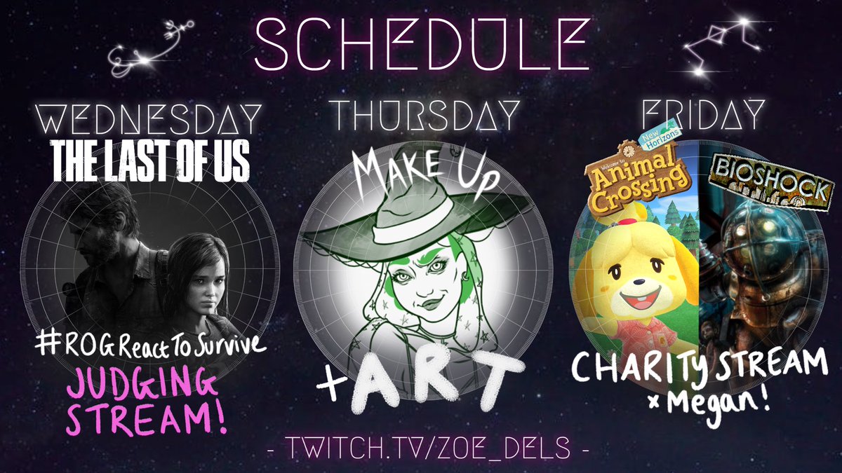zoe_dels's tweet photo. schedule!

✨weds 11AM✨
The Last of Us + judging entries to the #ROGReactToSurvive contest with viewers! #ad

✨thurs 6PM✨
Make Up &amp; Art

✨fri 11AM✨
National @Autism Society charity stream with my autistic &amp; animal-crossing-loving sister Megan! 

💖https://t.co/jDMP2yU4PU💖 https://t.co/1b7bT0XtNQ
