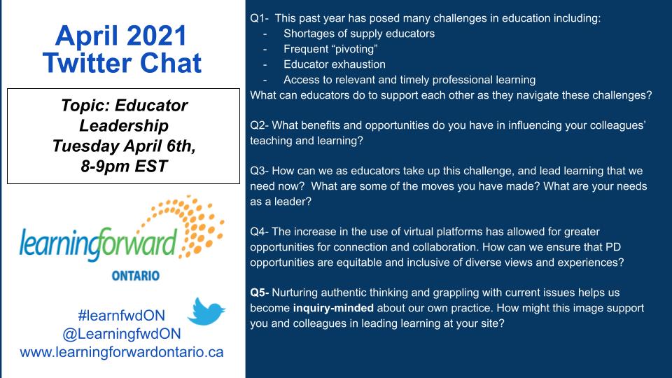 lfontario's tweet photo. We are one week away from our April Twitter chat. We hope you can join us on Tues April 6th from 8-9pm EST. We will be discussing educator leadership. #learnfwdON https://t.co/wmtCVUBddM