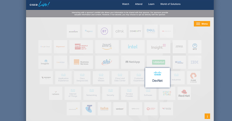CiscoDevNet's tweet photo. Cisco Showcase, Sponsors, and #CiscoDevNet demos - all in the digital #CiscoLive World of Solutions! https://t.co/NjjtTeTWg7 
Join Us Now!