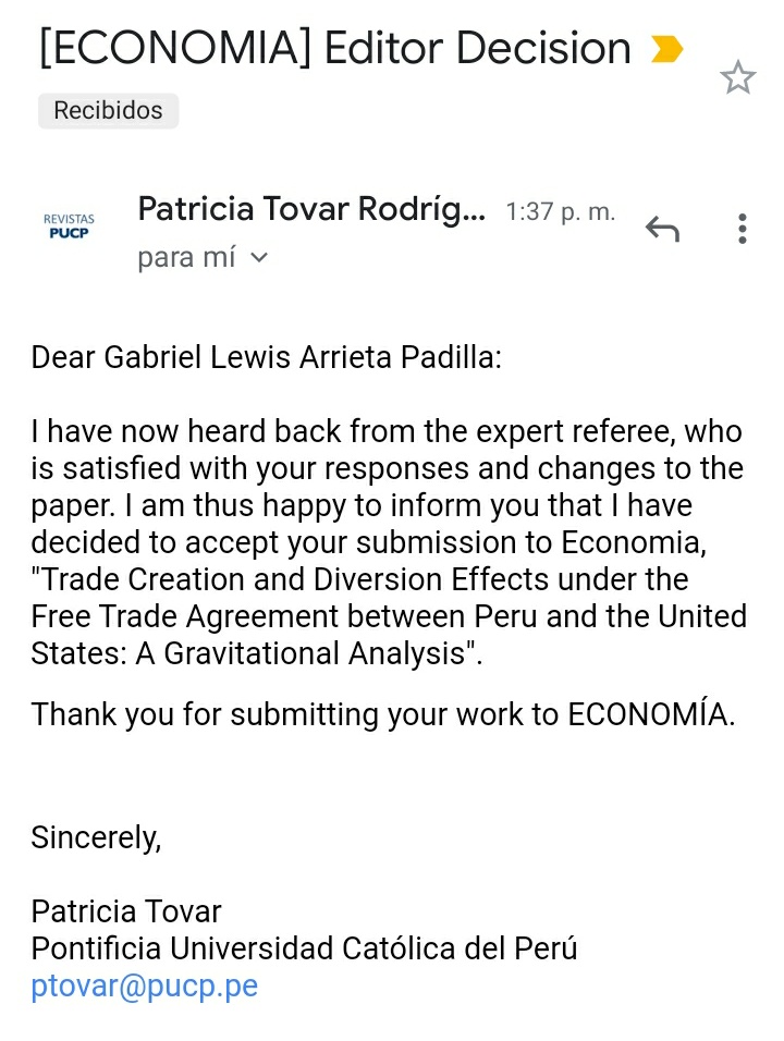 GL_Arrieta's tweet photo. I am happy to share that my paper "Trade Creation and Diversion Effects under the FTA between Peru and the United States: A Gravitational Analysis" has been accepted by Economia Journal. This is my 1st economic article that will be published soon 🤩🤓 #Trade #GravityModel https://t.co/lUBIibOuBa