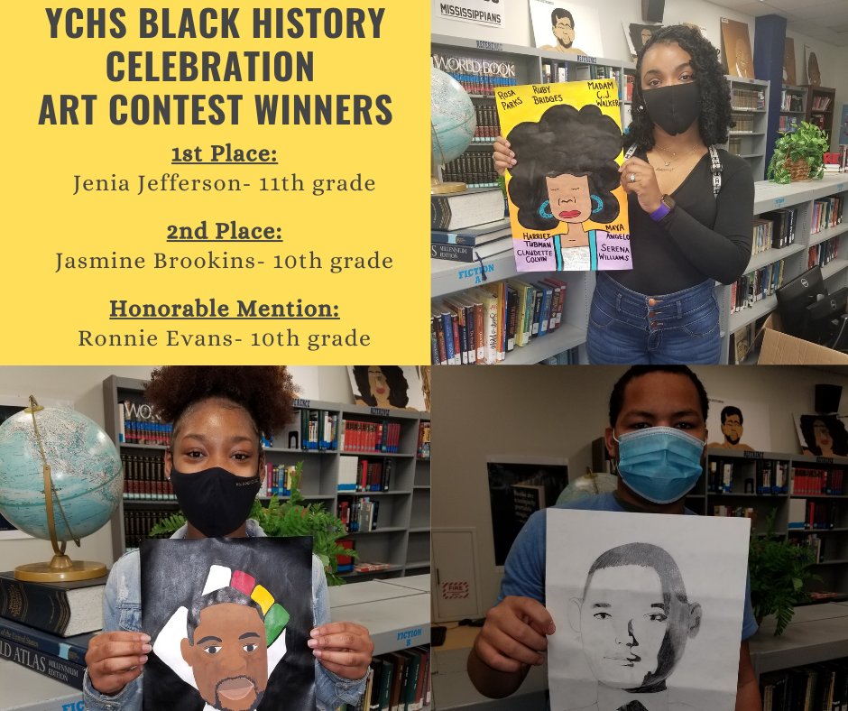 YazooCoHS's tweet photo. In February, YCHS hosted a Black History Celebration Art Contest. Congratulations to our winners!
Jenia Jefferson, Jasmine Brookins, and Ronnie Evans https://t.co/Gkt49hRRre