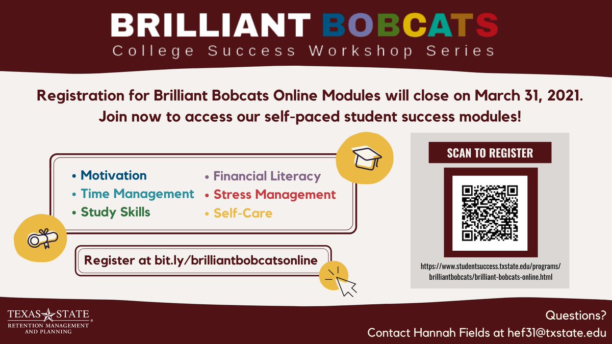 BBO is a 5-module Canvas course to learn strategies and skills. Modules: Goal Setting &amp; Motivation, Time Management, Study Skills, Financial Literacy, and Self-Care &amp; Wellness. Registration closes March 31. Scan the QR code or visit our website to learn more and register today!
