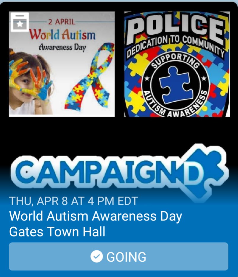 April 8 th 4-6PM Campaign D &amp;
<a href="/GatesPolice/">Gates Police</a> celebrate World Autism Awareness Month at the Gates Town Hall located at 1605
Buffalo Road 14624