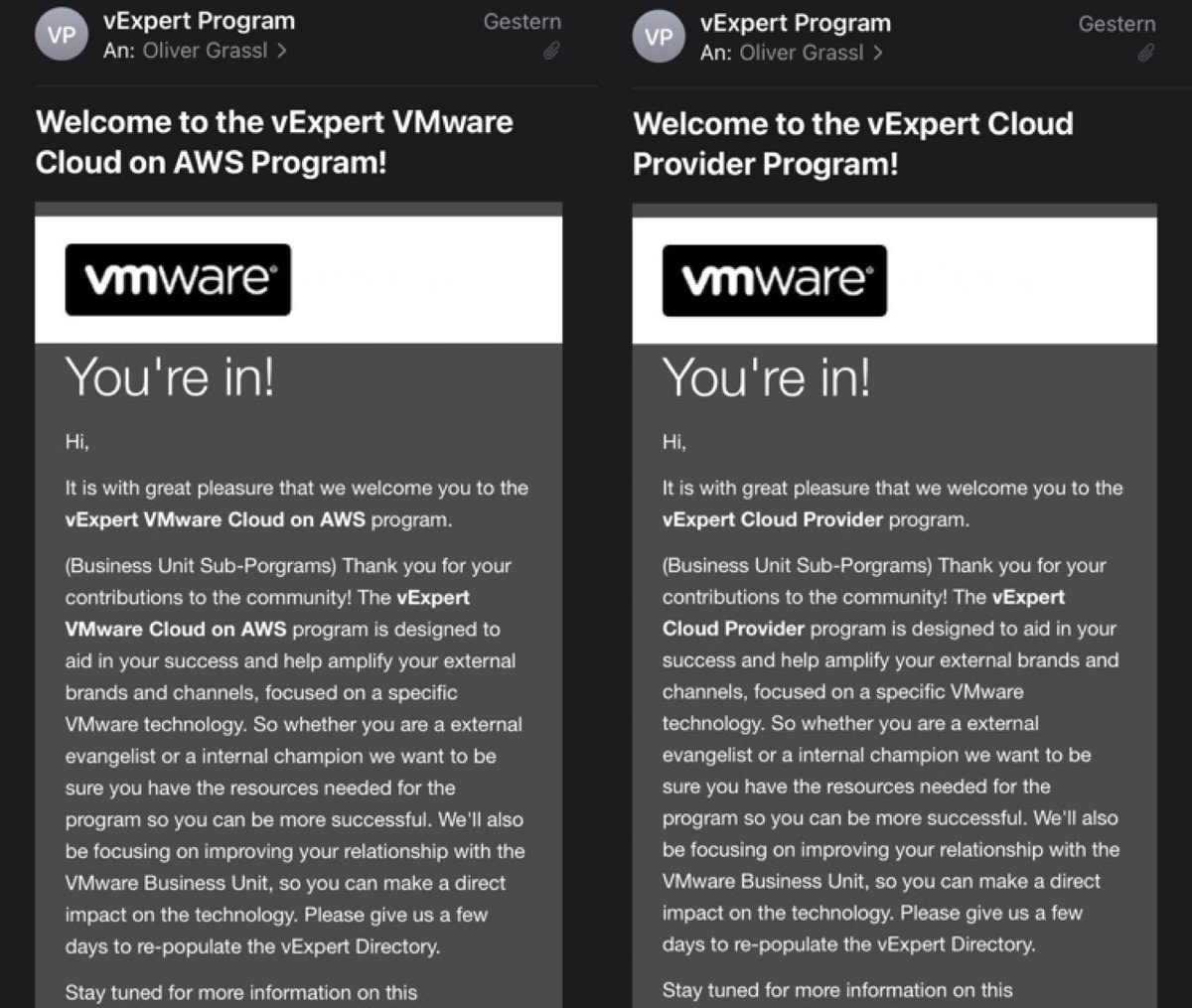 grassl_oliver's tweet photo. I’m very happy to be in 🥳! Many thanks to this awesome #vCommunity and congrats to all the others who made it! #vExpert #VMConAWS #vExpertCloudProvider https://t.co/B13XJ95VOw