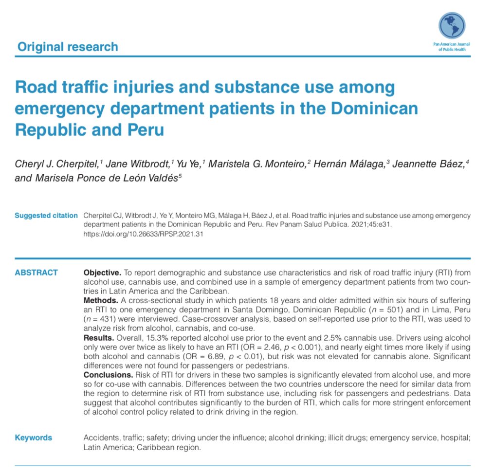 MariselaPdLV's tweet photo. Happy to finally see published our work on #RoadTrafficInjuries #alcohol and #drugs among #emergency department patients in the #DominicanRepublic 🇩🇴 and #Peru 🇵🇪 🤓Have a look @pahowho @el_BID 👇🏼https://t.co/LTv8AyIPVF https://t.co/A5kDAfLM0q