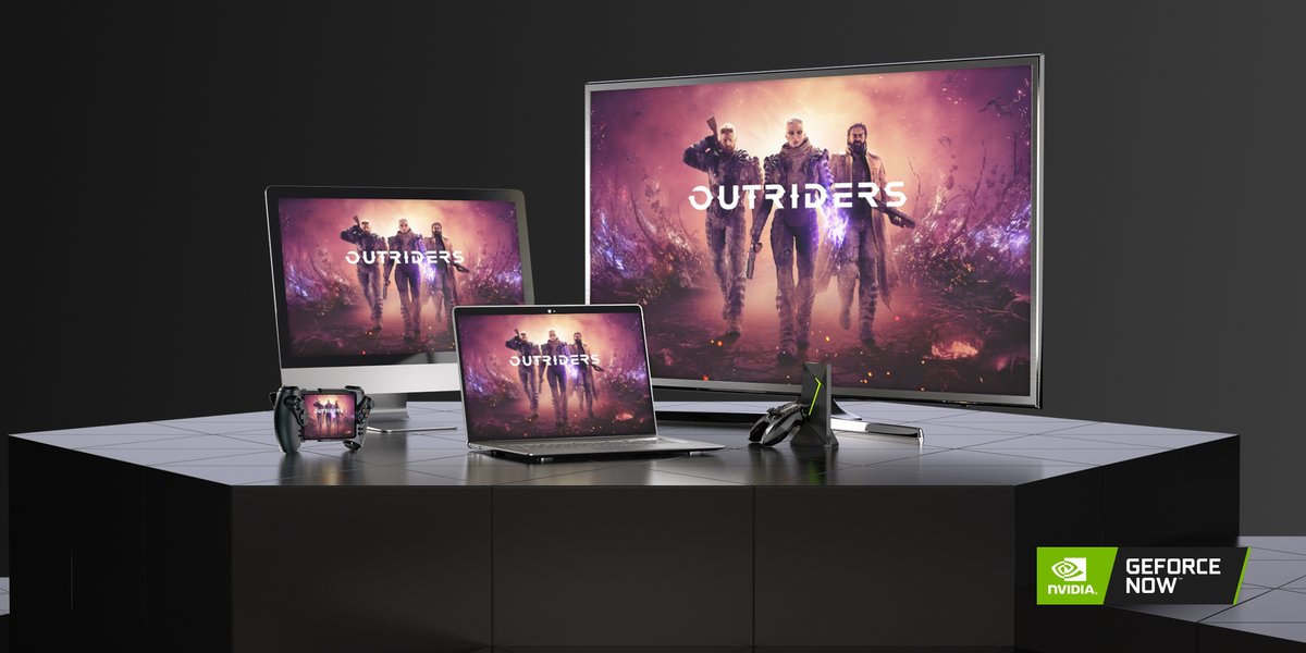 Outriders's tweet photo. No gaming rig? No problem. Everyone can play. 💚 

Stream Outriders instantly on nearly any device, anywhere on day one with @NVIDIAGFN #GeForceNOW cloud gaming. Yep, that includes your Macbook, iPhone, &amp; underpowered PC. 💻🖥️📱 

🌩️  Learn more: https://t.co/PoqauoHJLZ https://t.co/09A62vBCjX