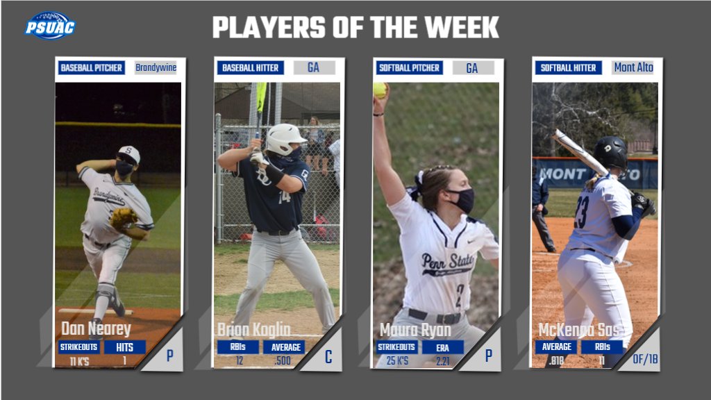 It's Tuesday so we announce Players of the Week! <a href="/psugaathletics/">Penn State Greater Allegheny Athletics</a> leads the charge with 2 POTW, Maura Ryan and Brian Koglin . @psubwsports Dan Nearey and @psumaathletics McKenna Sas round out the group. See more about their outstanding performances below.
psuacsports.com/x/nrv41