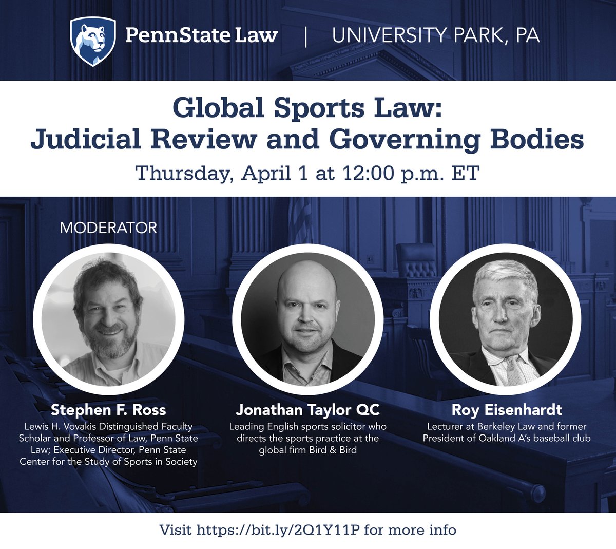 Join us Thursday for the first of two Global Sports Law discussions. Information on how to register can be found on our website
centerforsports.psu.edu/2021/03/24/cen…