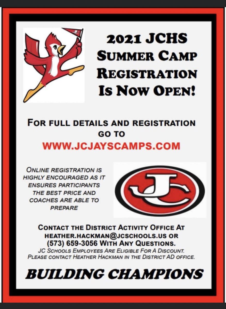 ladyjays_vb's tweet photo. JAYS Volleyball 2021 Summer Camp
Jun 28, 2021 to Jul 1, 2021

Grades: K-12th

Grades K-5th | 4:00 PM - 5:15 PM
Grades 6th-8th | 5:30 PM - 7:00 PM
Grades 9-12 | 7:00 PM - 9:00 PM

Cost: $30

Location: JCHS Gymnasiums
609 Union Street https://t.co/rPgOlbwrT4
