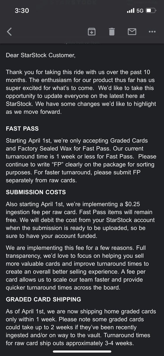 starstock's tweet photo. Update as seen in our newsletter as of April 1 (email below):
1. Fast Pass will only be Graded Cards and Sealed Wax
2. We are implementing a $.25 per card fee for all cards POSTMARKED on April 1 and beyond (more details in the photos)
3. We are working to eliminate our backlog https://t.co/ndIsqtG4ro