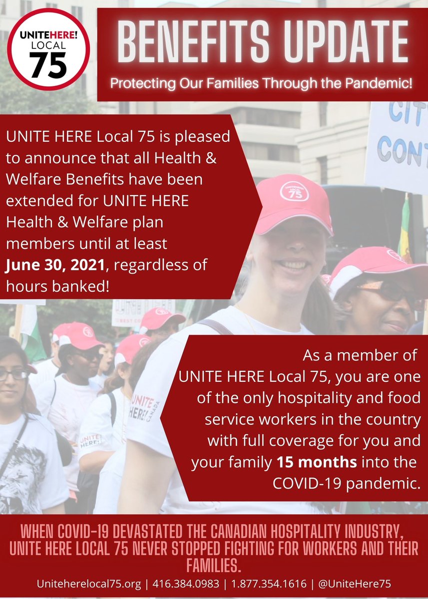 UNITEHERE75's tweet photo. Great News! Benefits have been extended to June 30th 2021 (instead of May 31st 2021) !! https://t.co/sPmCxajMHz