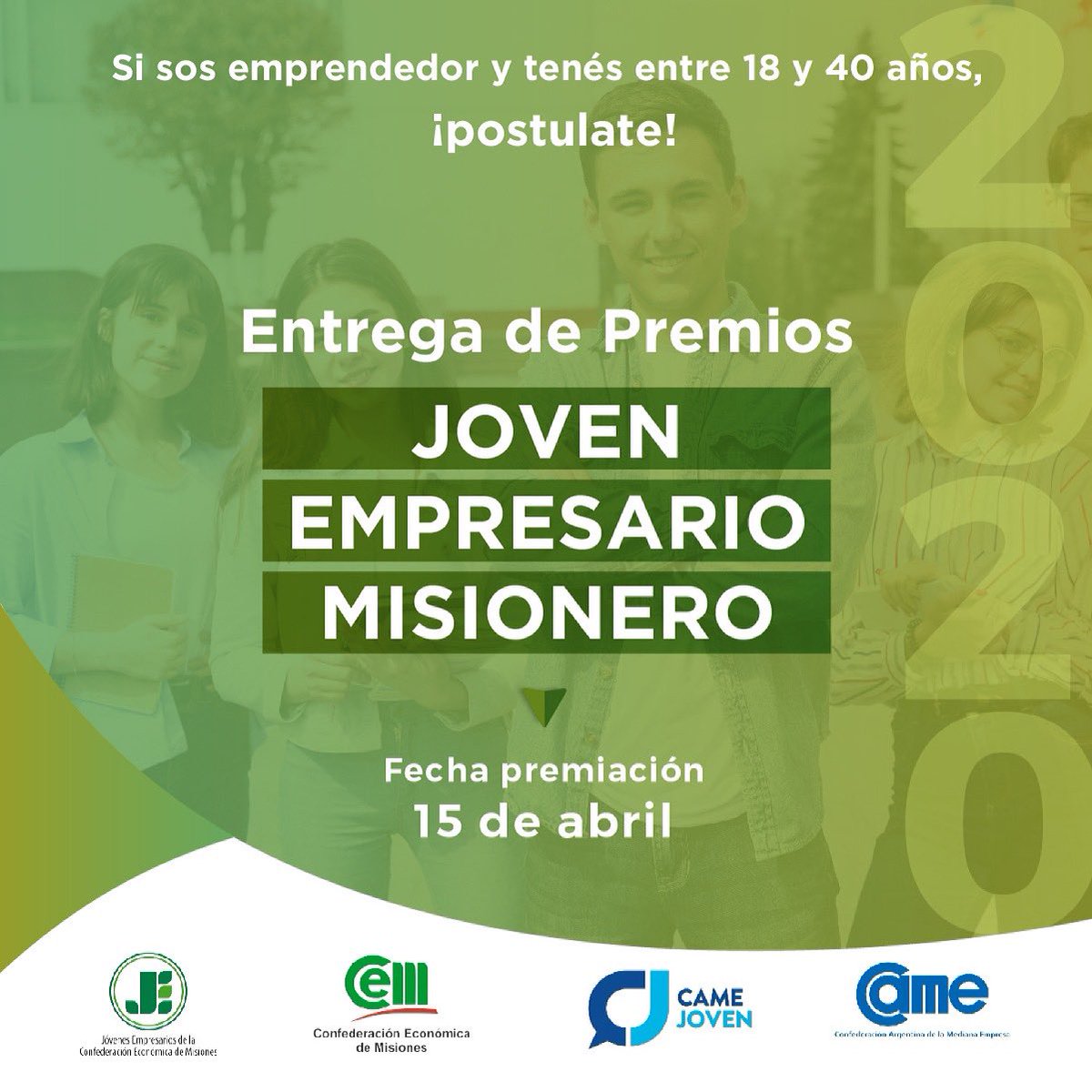 JovenesCem's tweet photo. Llega una nueva edición del #PremioJovenEmpresarioMisionero 
👉🏻Si tenes entre 18 y 40 años y posees una empresa o emprendimiento y queres que tu trabajo sea reconocido a nivel provincial y nacional inscribite! 
⚠️ https://t.co/Aqe2beRKsR https://t.co/hFglESC8ha