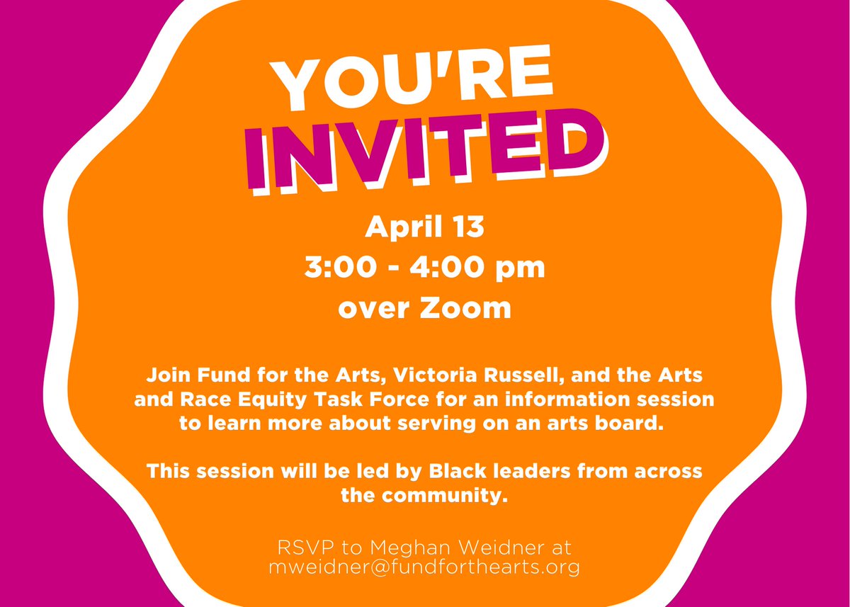 On April 13 from 3-4 pm, FFTA, <a href="/msvrussell/">Victoria Russell</a> , and the Arts and Race Equity Task Force are hosting an info session for and with Black leaders in our community. Join us to learn more about serving on an arts board!

To RSVP, email Meghan Weidner at mweidner@fundforthearts.org