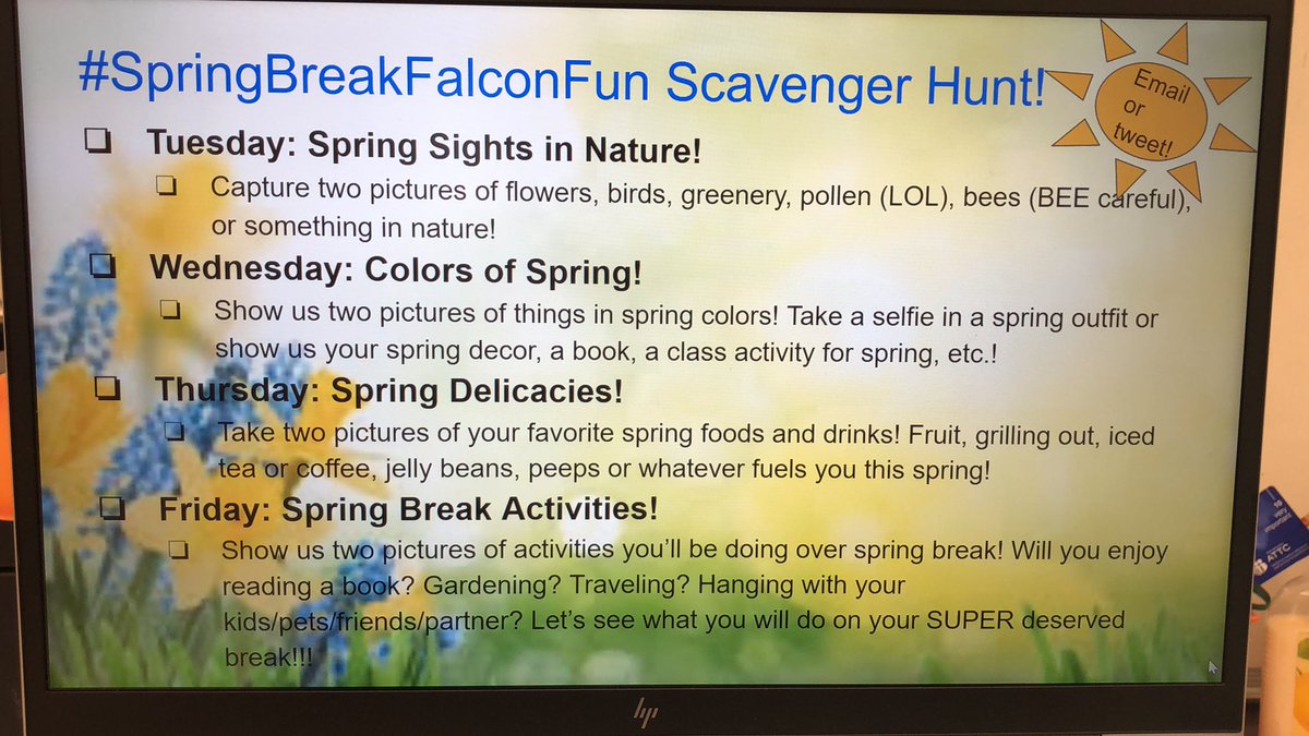 FESCounselor's tweet photo. It’s almost spring break and we are feelin’ it! 😎😅 @VBFairfieldES family is counting down with a little spring scavenger hunt! Today’s theme: sights of spring! #SpringBreakFalconFun Love seeing reading groups outside, trees and flowers in bloom 😍 @faheilig @LGrossVB @pgeromin1 https://t.co/zSGU6Aw1RG