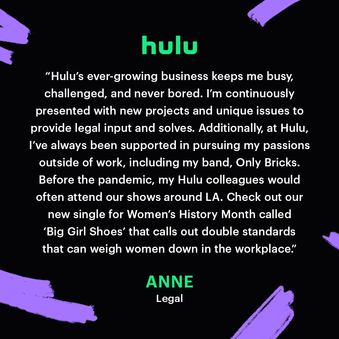 Meet Anne 👋 She's been at <a href="/Hulu/">Hulu</a> for just over five years as a lawyer supporting our Hulu Marketing team. Click to hear from Anne on how her Hulu colleagues have encouraged her to pursue her passions, even outside of work. #WomensHistoryMonth #LifeAtHulu