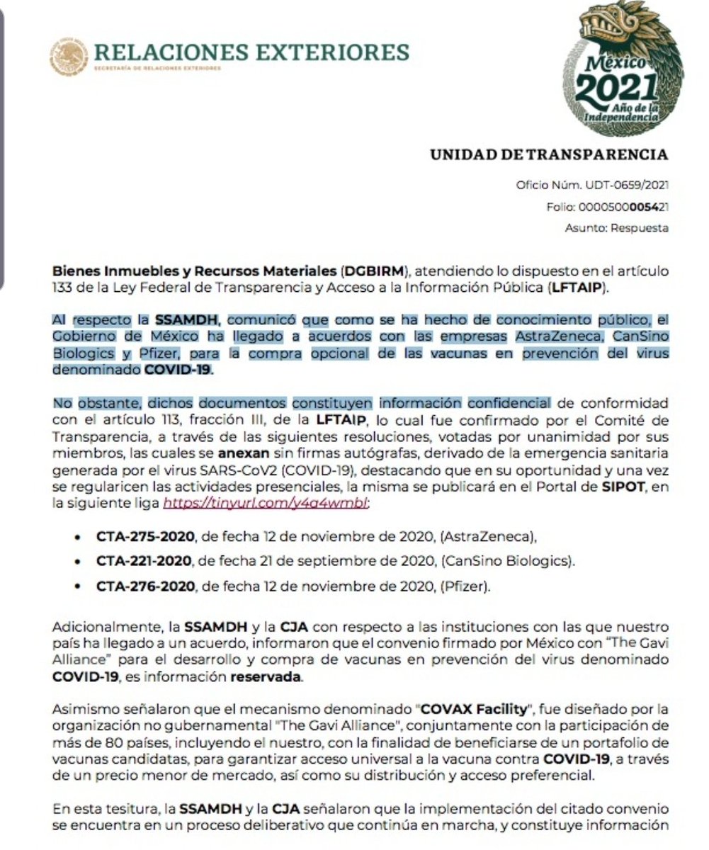 ectorjaime's tweet photo. El Presidente prometió transparencia en los contratos de vacunas, pero @SRE_mx sigue negando información

Debe existir una versión pública de los contratos, como establece la ley ¿Qué quieren ocultar?

Acudimos al INAI para que se transparente esa información de interés nacional. https://t.co/DOSJzMDcBI