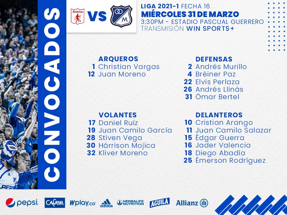 💙⚽️ ¡VAMOS MILLOS QUERIDO! ⚽️💙

El profesor Alberto Gamero ha convocado a estos 18 jugadores para el juego de mañana frente al América en el Pascual Guerrero.