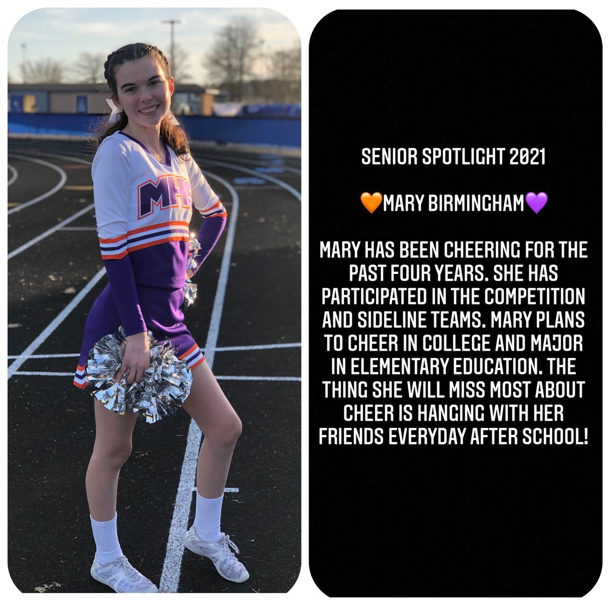 MHS_Cheer_'s tweet photo. Congratulations to these amazing ladies 💜🧡We are so proud of all of your accomplishments! As you move forward into your future, enjoy the journey as much as the dream💜🧡 https://t.co/XstKP8eeba