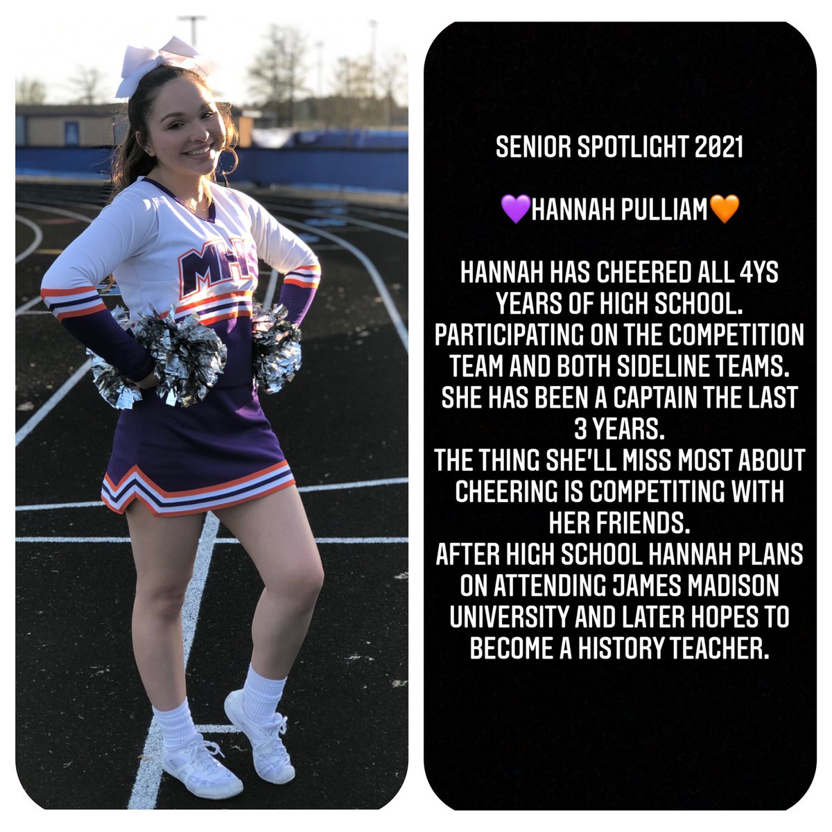 MHS_Cheer_'s tweet photo. Congratulations to these amazing ladies 💜🧡We are so proud of all of your accomplishments! As you move forward into your future, enjoy the journey as much as the dream💜🧡 https://t.co/XstKP8eeba