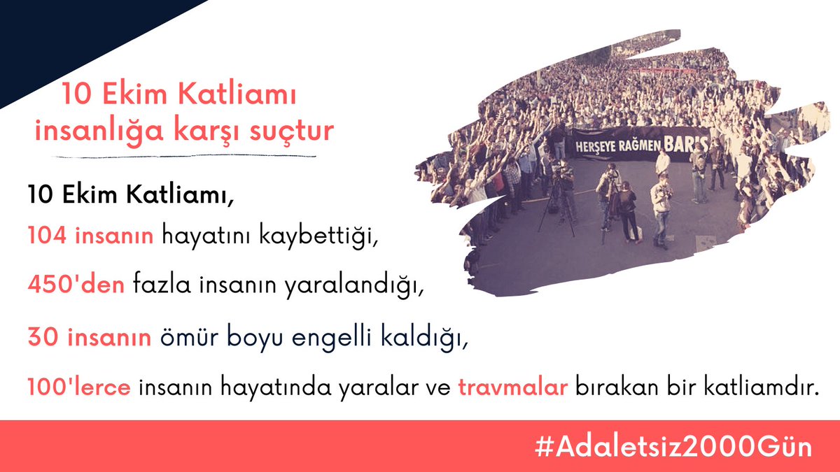 10Ekim15's tweet photo. 10 Ekim Ankara Katliamı insanlığa karşı suçtur!
104 insanın hayatını kaybettiği,
450'den fazla insanın yaralandığı,
30 insanın ömür boyu engelli kaldığı,
100'lerce insanın hayatında yaralar ve travmalar bırakan bir katliamdır. 
#Adaletsiz2000Gün https://t.co/whiNTeXVnM