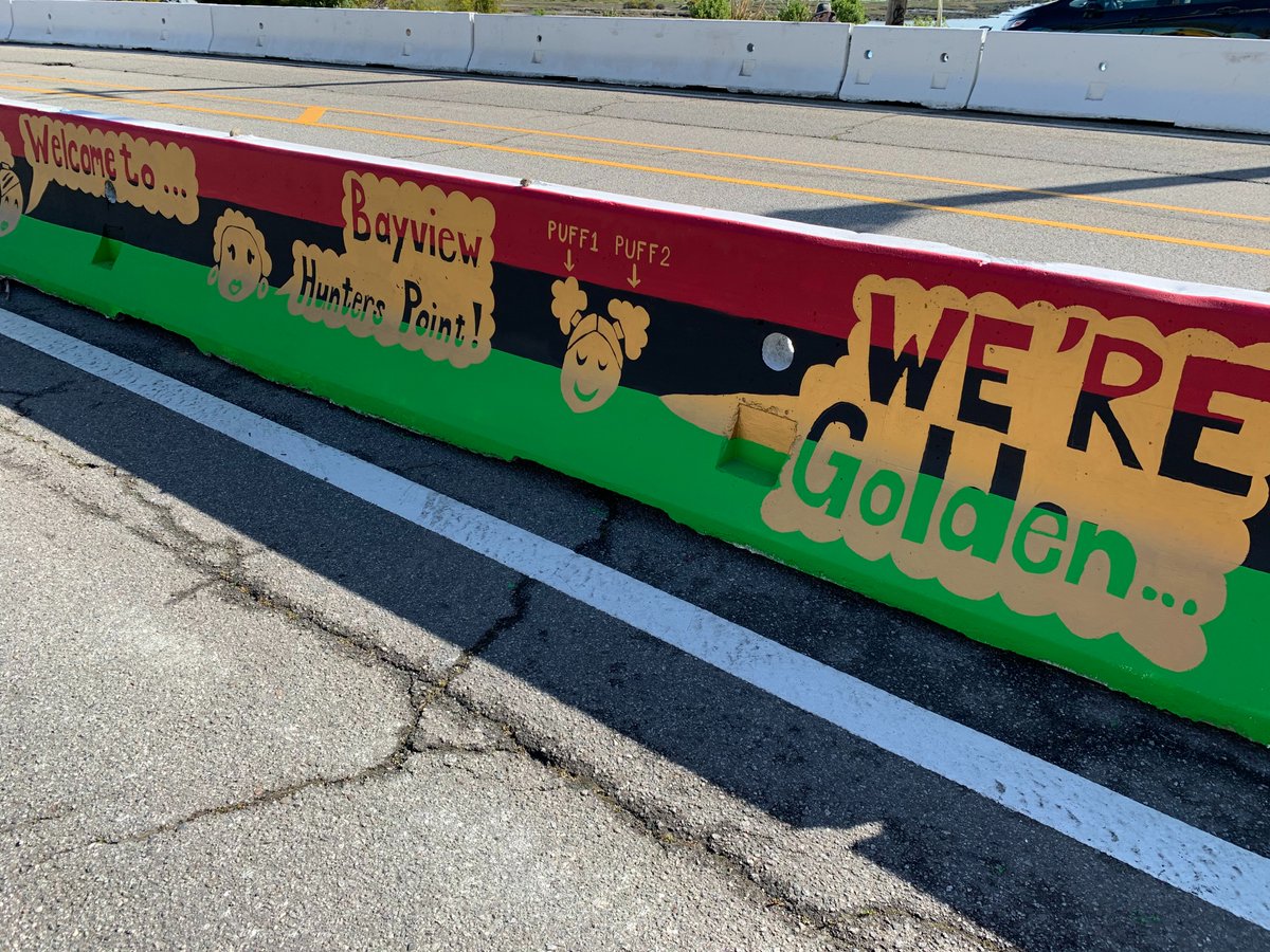 BikeBlogChris's tweet photo. Took another trip down to Bayview-Hunters Point this morning to see the progress on 2100' of community-led murals on barriers installed as part of a @sfmta_muni Quick-Build project @sfaaacd @Livablecity https://t.co/oSb9D2F26c