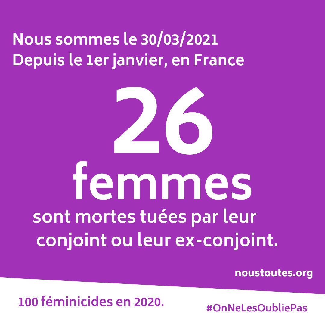 NousToutesOrg's tweet photo. Mardi 30 mars, à Vitrolles (13) et St-Etienne (42), deux femmes ont été tuées par leur conjoint.

Ce sont les 25 et 26ème féminicides depuis le début de l’année.

@EmmanuelMacron il faut faire quelque chose là.

Source: @feminicidesfr 
https://t.co/YPkpwhgZpp
#NeLesOublionsPas https://t.co/0TV0zWDmb2