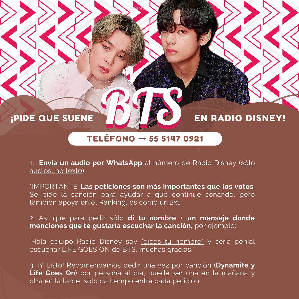 RadioBTSMexico's tweet photo. 📱| ARMY! 

⚠️Esta semana #Dynamite y #LifeGoesOn bajaron posiciones en el Ranking RD de Radio Disney 

Es MUY importante solicitar las canciones por audio vía WhatsApp todos los días, para  que sigan sonando.

🔹+ información y teléfono ⤵️ https://t.co/ZpHDaV7wE2