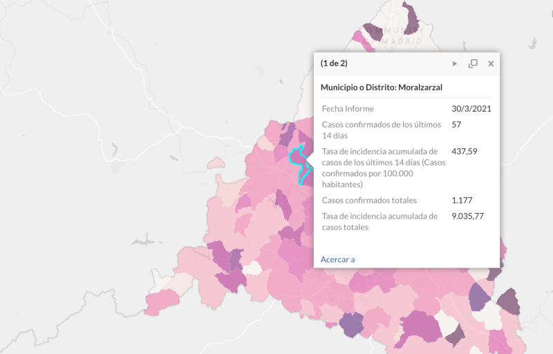 Moralzarzal's tweet photo. Situación epidemiológica de incidencia de #COVID19 en #Moralzarzal a 30 de marzo. La tasa acumulada de casos de los últimos 14 días por cada 100.000 habitantes sube de 199,60 a 437,59 con 57 casos confirmados en las dos últimas semanas. https://t.co/F1VE3EUBGP https://t.co/R0Ws4QhPgW