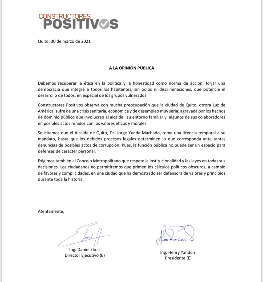 Frente a la grave situación política que atraviesa Quito, expresamos nuestra posición dirigida al alcalde de la ciudad <a href="/LoroHomero/">Jorge Yunda Machado</a> y demás autoridades del <a href="/MunicipioQuito/">Municipio de Quito</a> #quito #Ecuador