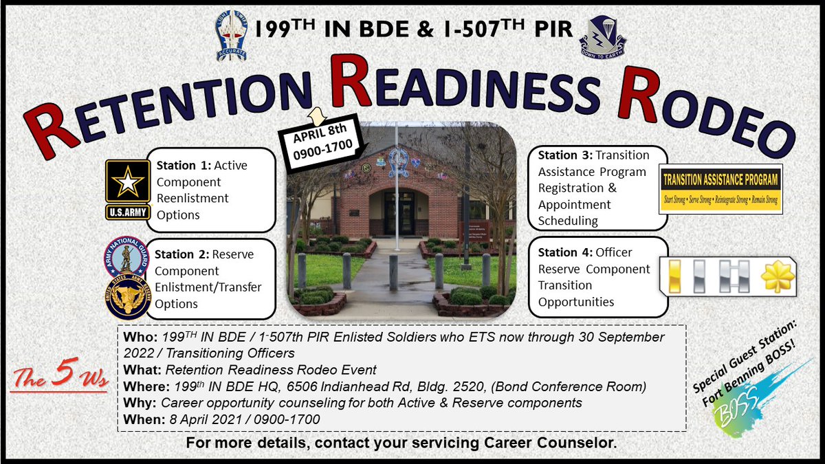 MCoE_Retention's tweet photo. 🚨199th IN BDE and 1/507th PIR Soldiers🚨

We're coming to your AO to provide Active/Reserve/&amp; Transition counseling.  Don't miss these career opportunities!

@FortBenning @FB_Garrison @VillagesBenning @BenningMWR @PatDonahoeArmy @DerrickGarner20 @FBGarrisonCSM @FBGarrisonCdr https://t.co/dY3jwLC94T