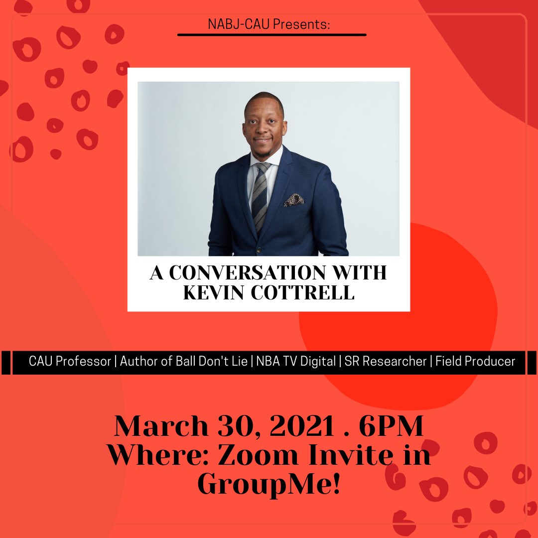 TODAY at 6 PM is our next speaker session. We are looking forward to having Professor Cottrell come and speak! He will be sharing his experiences as a NBA-TV Associate Producer! The event will start promptly at 6 PM! Paid members will receive the Zoom info in the GroupMe! #CAU 🚨
