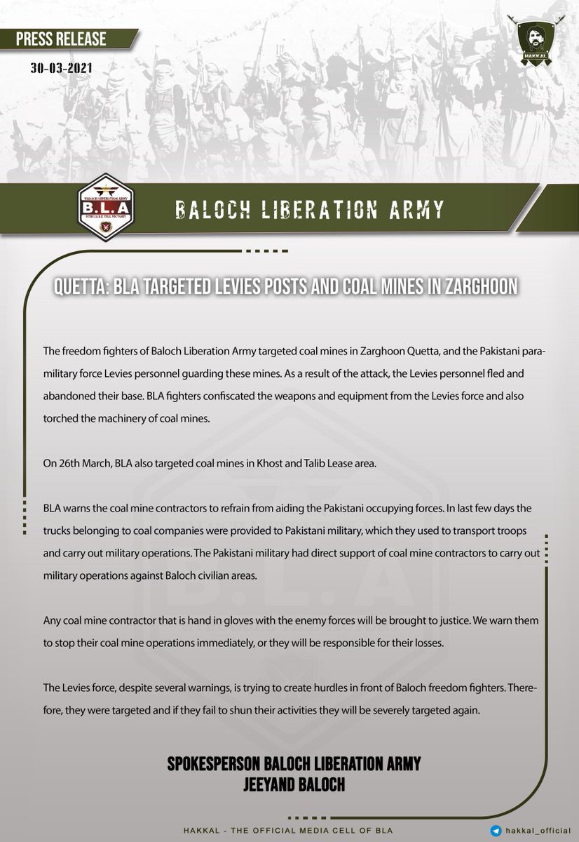 KDMedia5's tweet photo. BLA claimed responsibility for an attack on Levis post and coal mines of Pakistan exploiters. https://t.co/PVX6elsCOg