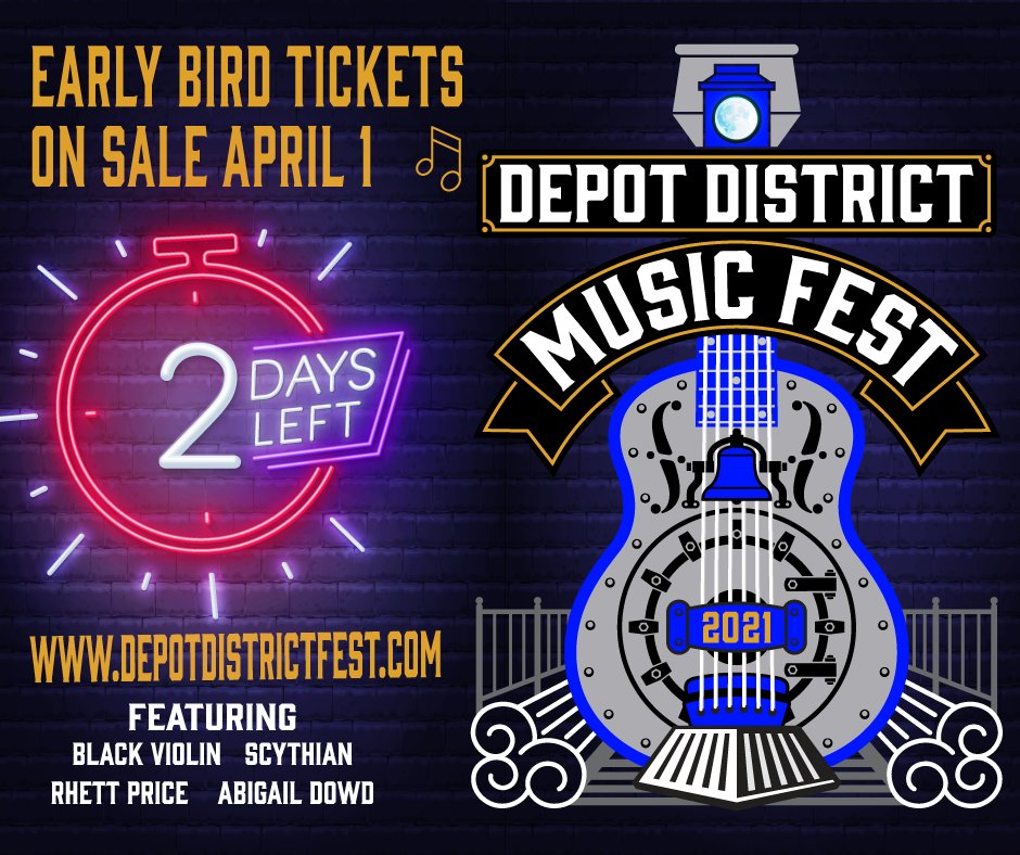 📢 ONLY 2 DAYS UNTIL TICKETS GO ON SALE! Early bird tickets available April 1-4! Visit depotdistrictfest.com for more info! #DepotDistrictMusicFest #LexingtonNC #BlackViolin #Scythian #RhettPrice #Abigaildowd <a href="/BlackViolin/">Black Violin</a> <a href="/scythianmusic/">Scythian Music</a> <a href="/rhettypants/">Rhett Price</a> <a href="/abigaildowd/">abigail dowd</a>